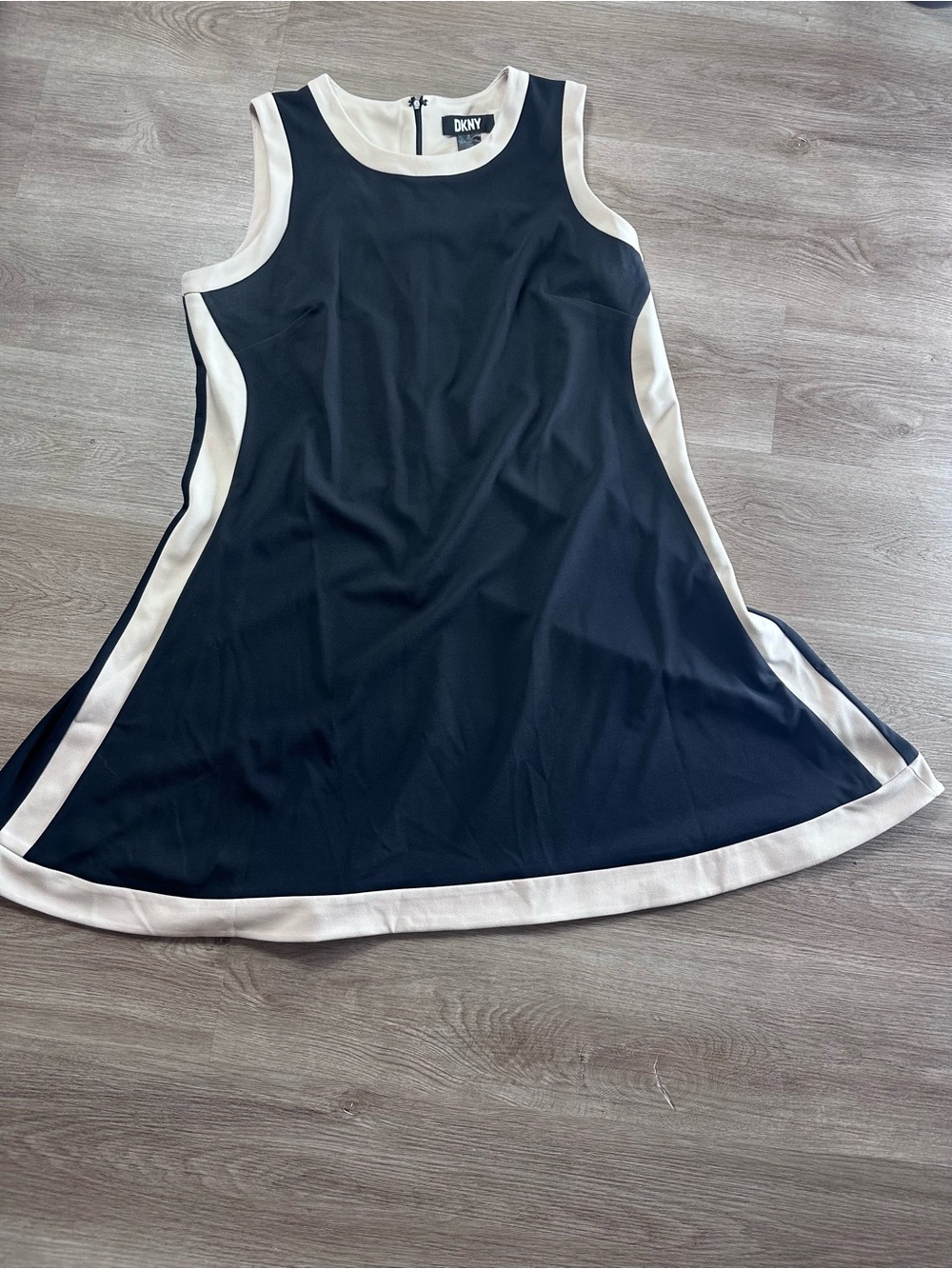 DKNY Black and White Sleeveless A-Line Mini Dress with Contrast Trim